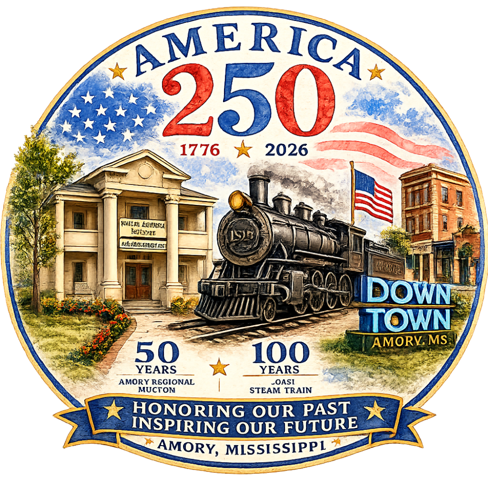 America 250: All Aboard America: Then. Now. Next in Amory, MS Official Commemorative T-Shirt 